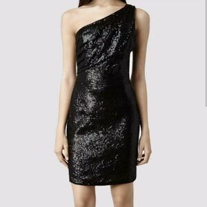 AllSaints Cassis Sequins One Shoulder Mini Black Dress LBD SZ US 0